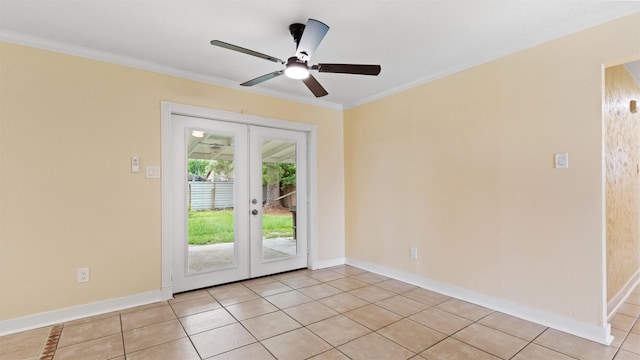 entryway with french doors, light tile patterned floors, ornamental molding, ceiling fan, and baseboards
