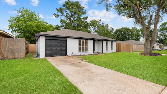 single story home with brick siding, concrete driveway, a garage, and roof with shingles