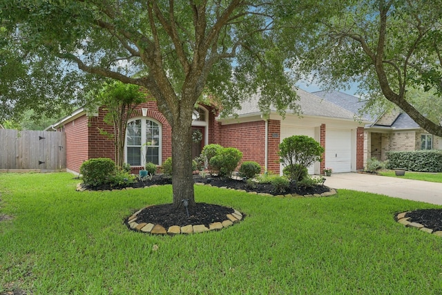 ranch-style home featuring an attached garage, brick siding, concrete driveway, and roof with shingles