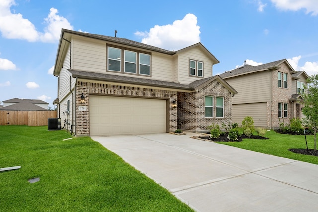 view of front of home with an attached garage, driveway, brick siding, and cooling unit