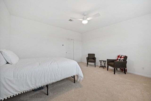 bedroom featuring carpet flooring, baseboards, and ceiling fan