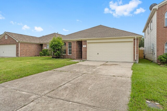 single story home with brick siding, an attached garage, concrete driveway, and a shingled roof
