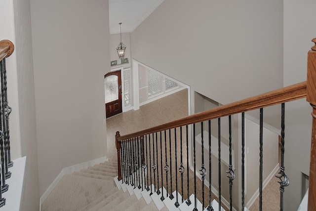 158 Hansom Trail St, The Woodlands, TX 77382 - staircase featuring baseboards, ornamental molding, carpet floors, and a high ceiling
