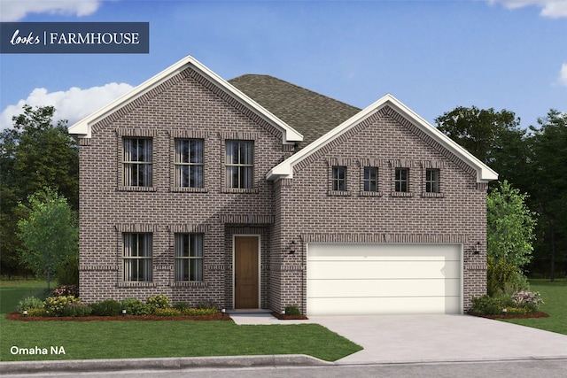 traditional-style home featuring brick siding, a garage, concrete driveway, and a front lawn