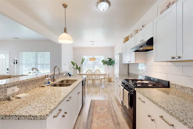 kitchen with black range with gas stovetop, under cabinet range hood, a sink, stainless steel dishwasher, and light wood-style flooring