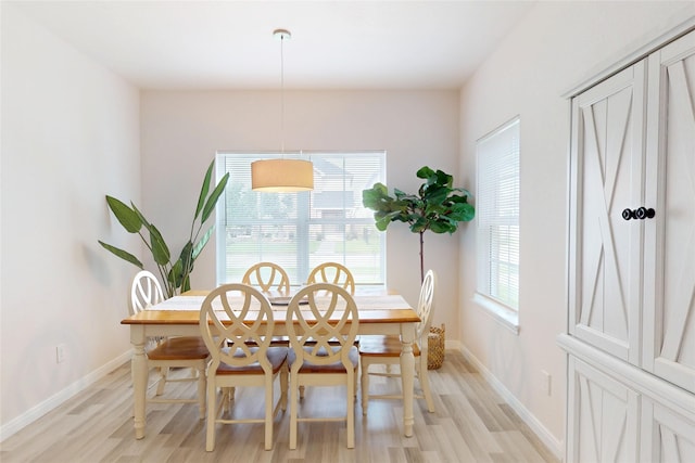 dining room with light wood finished floors and baseboards
