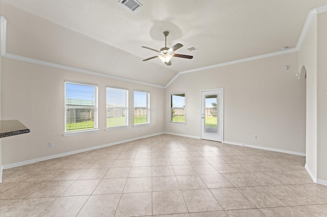 2043 Plum Rose Ln, Richmond, TX 77469 - spare room featuring a ceiling fan, crown molding, vaulted ceiling, baseboards, and arched walkways