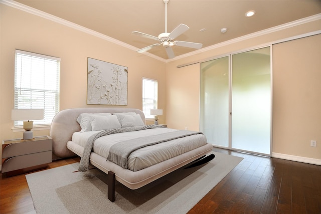 718 Roy St, Houston, TX 77007 - bedroom with a closet, baseboards, dark wood-style floors, ornamental molding, and recessed lighting