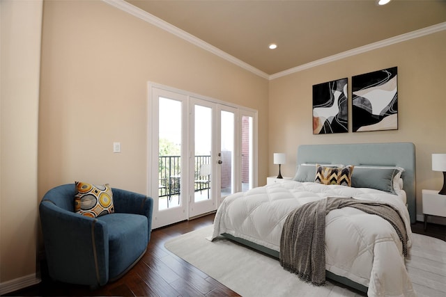 718 Roy St, Houston, TX 77007 - bedroom featuring french doors, recessed lighting, ornamental molding, wood finished floors, and access to exterior