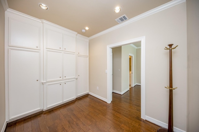 718 Roy St, Houston, TX 77007 - unfurnished bedroom with dark wood finished floors, visible vents, baseboards, ornamental molding, and recessed lighting