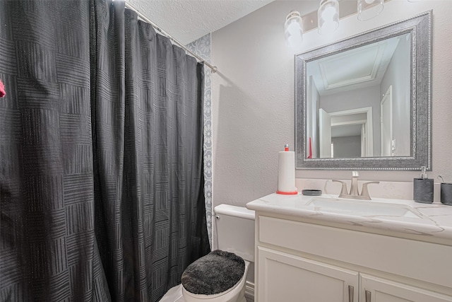 19942 Mountain Dale Dr, Cypress, TX 77433 - bathroom featuring toilet, a textured wall, vanity, and a shower with shower curtain