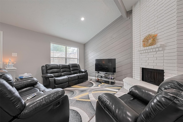 19942 Mountain Dale Dr, Cypress, TX 77433 - living room with lofted ceiling, wooden walls, and a brick fireplace