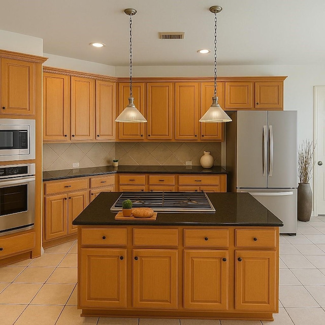 6334 Goodlowe Park, Sugar Land, TX 77479 - kitchen featuring appliances with stainless steel finishes, dark countertops, light tile patterned floors, hanging light fixtures, and recessed lighting