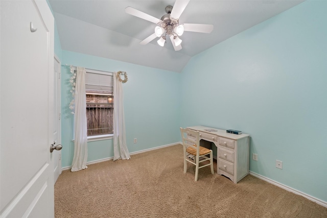 12909 Victoria Regina Dr, Montgomery, TX 77356 - unfurnished office featuring a ceiling fan, light carpet, baseboards, and lofted ceiling