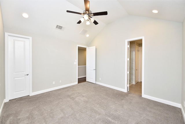 5502 Camaguey St, Houston, TX 77023 - unfurnished bedroom with vaulted ceiling, carpet floors, baseboards, recessed lighting, and a ceiling fan