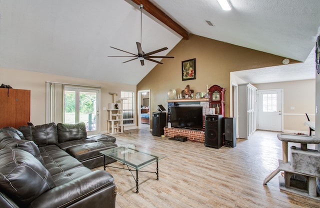 2915 Quailwood St, Houston, TX 77014 - living area with wood finished floors, a ceiling fan, high vaulted ceiling, beamed ceiling, and baseboards
