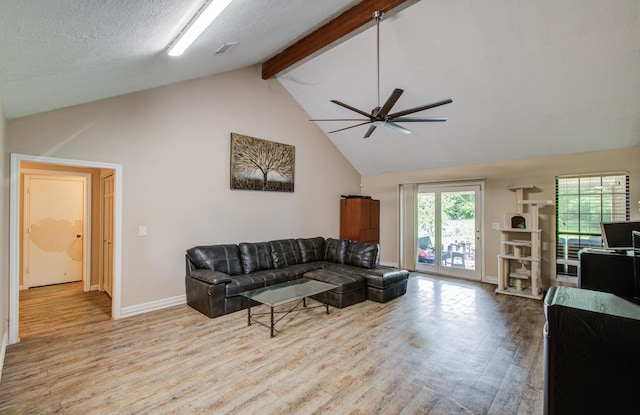 2915 Quailwood St, Houston, TX 77014 - living area with ceiling fan, wood finished floors, high vaulted ceiling, beam ceiling, and baseboards