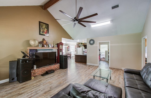 2915 Quailwood St, Houston, TX 77014 - living area with a ceiling fan, wood finished floors, beamed ceiling, baseboards, and high vaulted ceiling