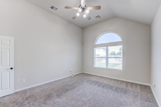 8246 Mandalay Bay Dr, Baytown, TX 77523 - carpeted empty room featuring ceiling fan, lofted ceiling, and baseboards