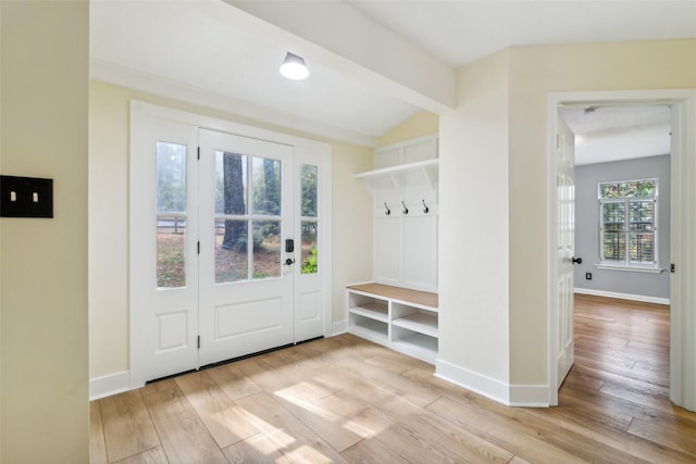 28 Stony Creek Dr, Conroe, TX 77384 - mudroom with light wood-style floors, lofted ceiling, and baseboards