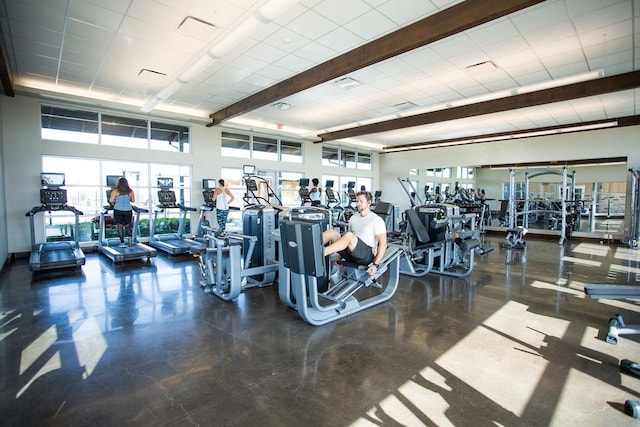 2815 Torrey Pines Dr, Fulshear, TX 77423 - exercise room featuring beam ceiling
