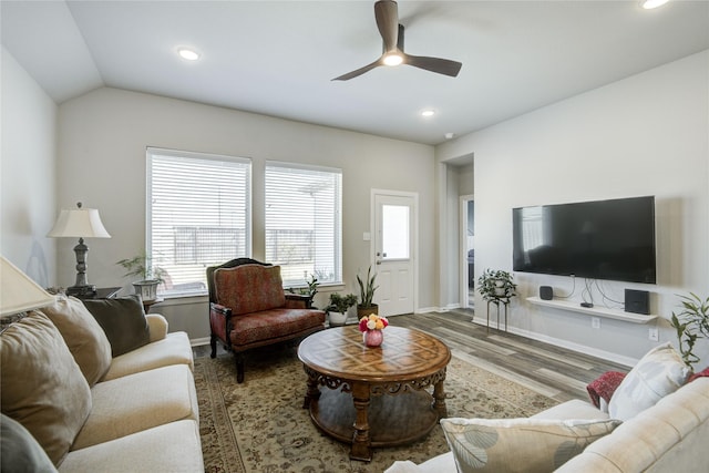 2815 Torrey Pines Dr, Fulshear, TX 77423 - living area with ceiling fan, wood finished floors, baseboards, recessed lighting, and vaulted ceiling