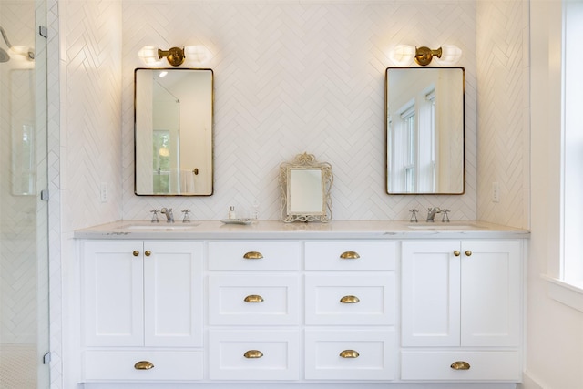 3923 Millican Creek Trl, College Station, TX 77845 - full bathroom featuring tasteful backsplash, a shower stall, and double vanity