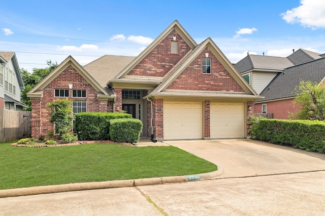 traditional-style home with brick siding, driveway, and a garage