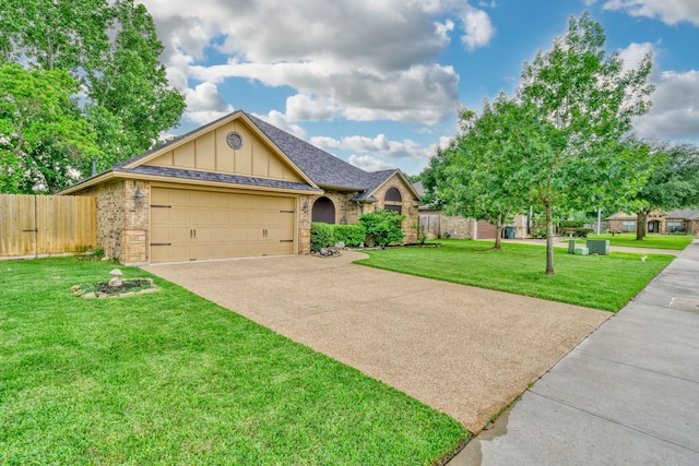 ranch-style house with board and batten siding, brick siding, a garage, and driveway