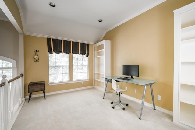 carpeted home office with baseboards, ornamental molding, and lofted ceiling