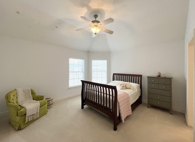 2910 Lara Brook Ct, Katy, TX 77494 - bedroom featuring light carpet, ceiling fan, baseboards, and lofted ceiling