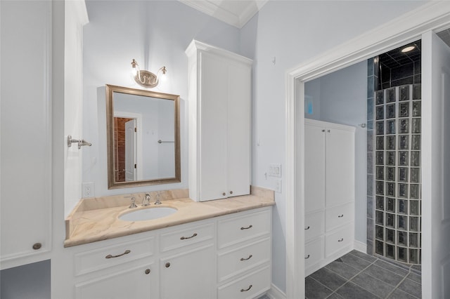 522 Rancho Bauer Dr, Houston, TX 77079 - full bathroom featuring vanity, ornamental molding, and tile patterned flooring