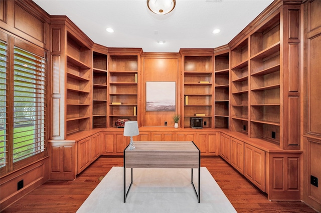 522 Rancho Bauer Dr, Houston, TX 77079 - office space featuring dark wood-type flooring, built in desk, and recessed lighting