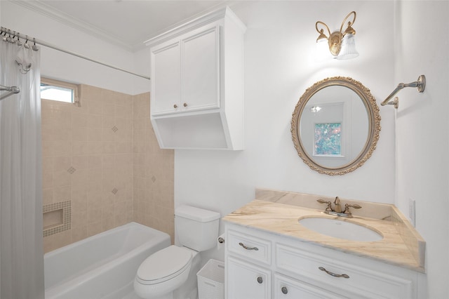 522 Rancho Bauer Dr, Houston, TX 77079 - bathroom featuring toilet, vanity, ornamental molding, and shower / bathtub combination