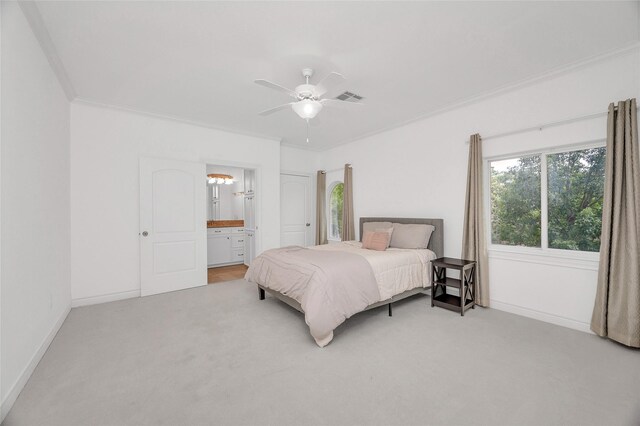 522 Rancho Bauer Dr, Houston, TX 77079 - bedroom with light colored carpet, baseboards, crown molding, connected bathroom, and ceiling fan