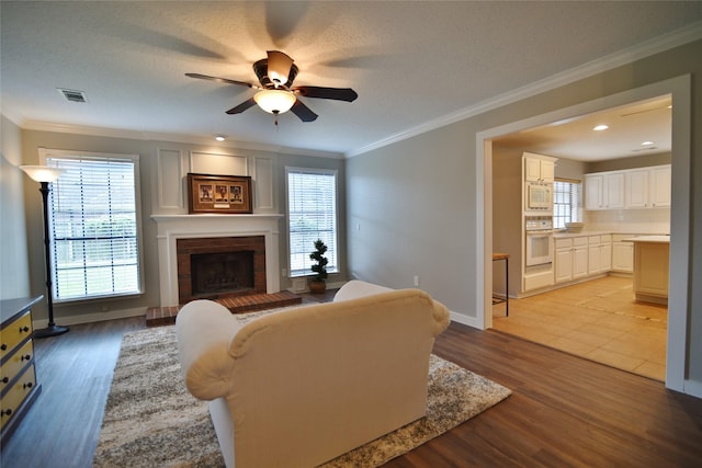 18411 Arrow Flint Cv, Houston, TX 77084 - living room featuring a ceiling fan, ornamental molding, wood finished floors, a fireplace, and baseboards