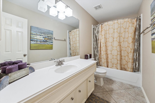 full bath with vanity, toilet, tile patterned floors, and shower / bath combination with curtain