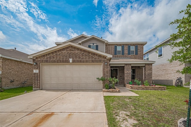 20864 Sheffield Park Dr, Porter, TX 77365 - traditional-style house featuring brick siding, concrete driveway, a front lawn, and a garage