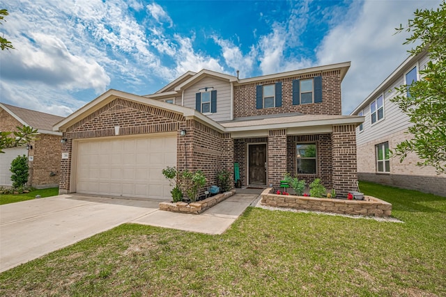 20864 Sheffield Park Dr, Porter, TX 77365 - view of front facade featuring brick siding, concrete driveway, a garage, and a front lawn