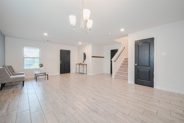 20864 Sheffield Park Dr, Porter, TX 77365 - unfurnished room with stairway, a chandelier, recessed lighting, light wood-style floors, and baseboards