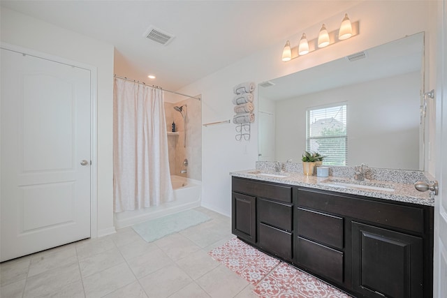 20864 Sheffield Park Dr, Porter, TX 77365 - full bath with shower / bathtub combination with curtain, tile patterned flooring, double vanity, and baseboards