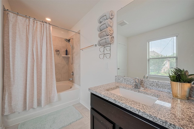 20864 Sheffield Park Dr, Porter, TX 77365 - bathroom with shower / bathtub combination with curtain, vanity, tile patterned floors, and baseboards