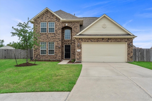 107 San Jacinto Dr, Baytown, TX 77523 - traditional-style house with concrete driveway, an attached garage, brick siding, and a shingled roof