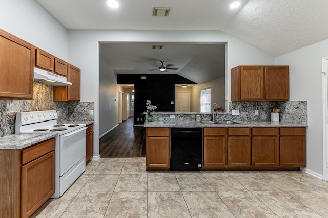 14089 Broken Arrow Dr, Willis, TX 77378 - kitchen with white electric range, dishwasher, under cabinet range hood, vaulted ceiling, and a sink