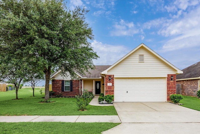 243 S Lantana Cir, Sealy, TX 77474 - ranch-style house featuring brick siding, a front lawn, an attached garage, and concrete driveway