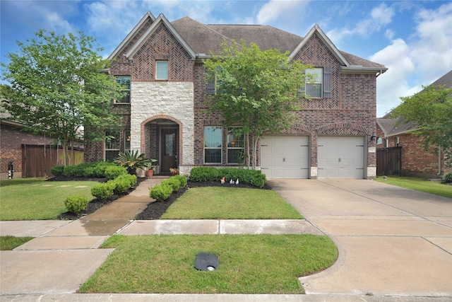9615 Carson Ln, Iowa Colony, TX 77583 - view of front of property featuring brick siding, an attached garage, concrete driveway, and stone siding