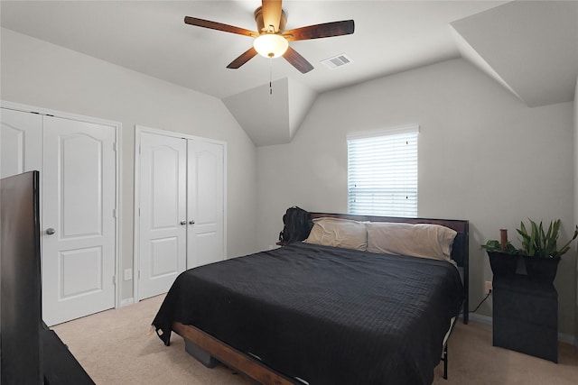 9615 Carson Ln, Iowa Colony, TX 77583 - carpeted bedroom featuring ceiling fan, lofted ceiling, baseboards, and multiple closets