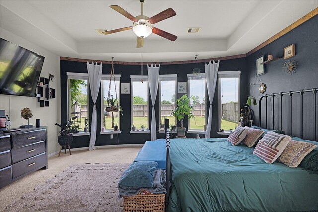 9615 Carson Ln, Iowa Colony, TX 77583 - carpeted bedroom featuring a tray ceiling, ceiling fan, and baseboards