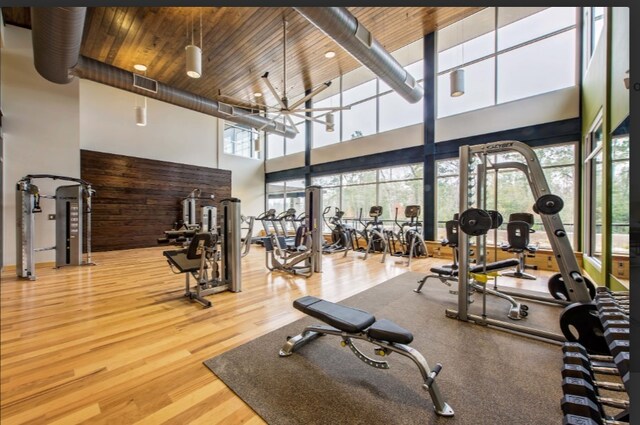 27846 Wooded Pond Dr, Spring, TX 77386 - workout area featuring a high ceiling, wood finished floors, and wooden ceiling