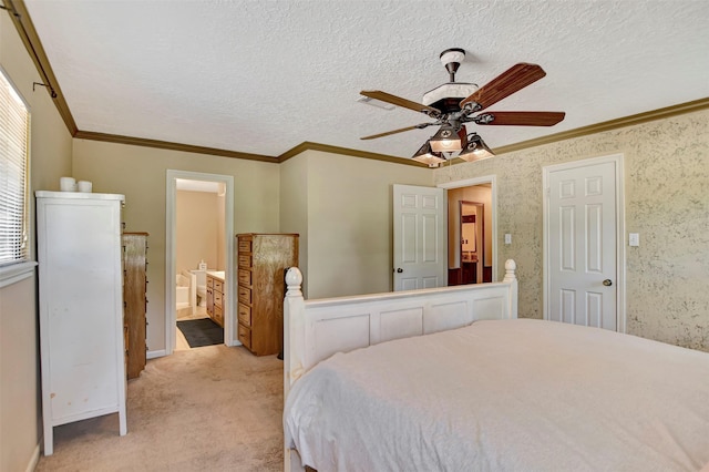 26410 Anderson Rd, Magnolia, TX 77354 - bedroom featuring light carpet, ensuite bath, crown molding, a textured ceiling, and a ceiling fan